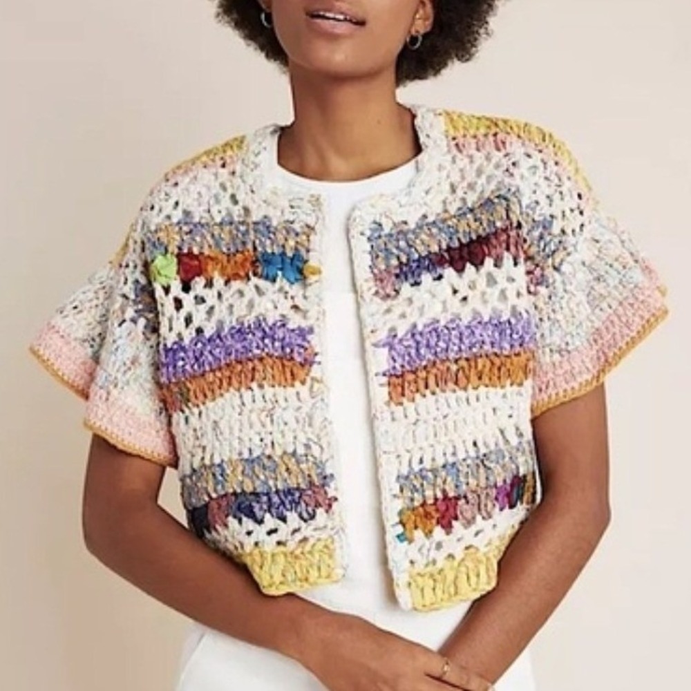 Anthropologie Crochet Ribbon Cardigan Women XS/S Petite Multicolor NWT Boho Crop